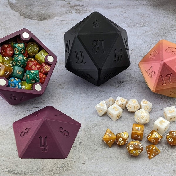 D20 Dice Vault with Magnetic Lid | Medium & Jumbo Sizes | 39 color options | Storage for up to 9 sets of polyhedral RPG dice