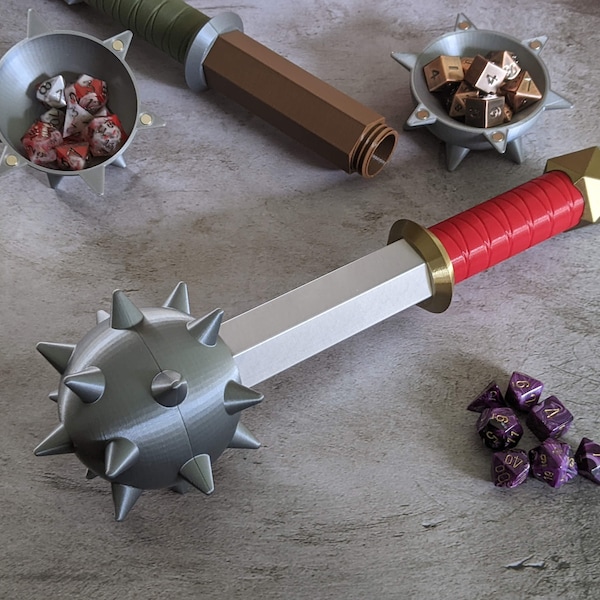 Dice Holding Mace | Customizable color scheme | Dice included! | Storage for 3 sets of TTRPG dice and/or minis | optional dice sets
