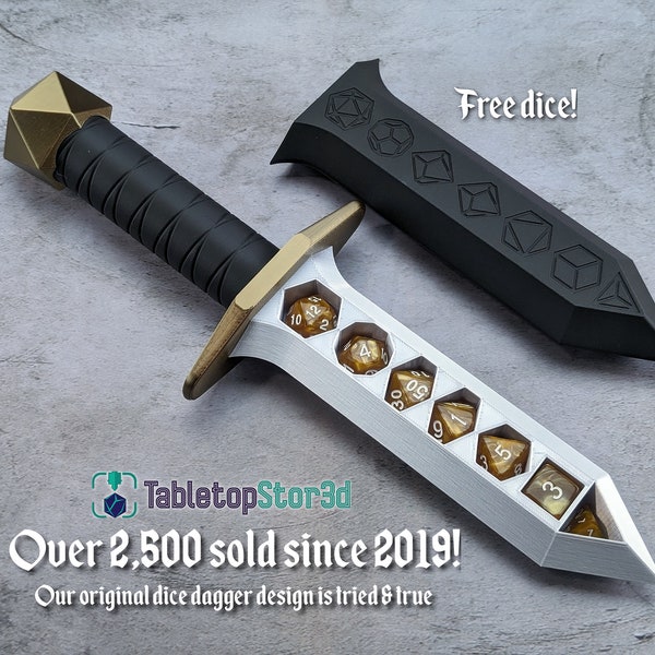 Dice Holding Dagger | Customizable color scheme | Dice included! | Storage for 2 sets of TTRPG dice | optional name engraving