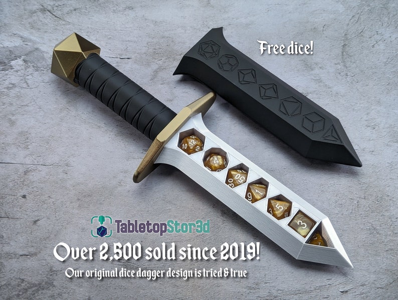 Dice Holding Dagger | Customizable color scheme | Dice included! | Storage for 2 sets of TTRPG dice | optional name engraving