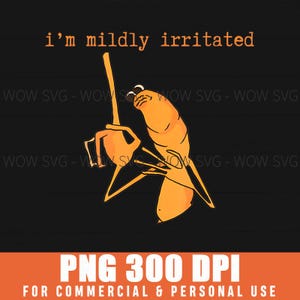 May include: Orange cartoon illustration on a black background. The image features a stylized figure holding a pitchfork, with the text "i'm mildly irritated" above. Below, it reads "PNG 300 DPI FOR COMMERCIAL & PERSONAL USE".