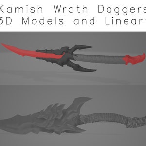 Könnte beinhalten: Zwei 3D-Modelle eines schwarzen und roten Dolches mit einer scharfen Spitze und einem strukturierten Griff. Der Dolch ist eine Fantasy-Waffe mit einer scharfen Klinge und einem gebogenen Griff. Die Modelle werden aus verschiedenen Blickwinkeln gezeigt.