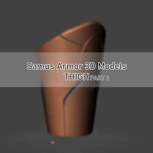 Puede incluir: Un modelo 3D de una pieza de armadura de muslo marrón y gris para un personaje de videojuego. El modelo está etiquetado como "Samus Armor 3D Models THIGH PART 2".