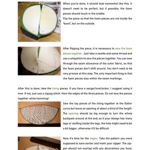 May include: Close-up of a green foam piece with red stitching. The foam piece is being sewn together to create a backpack. The image shows the steps for sewing the foam pieces together.