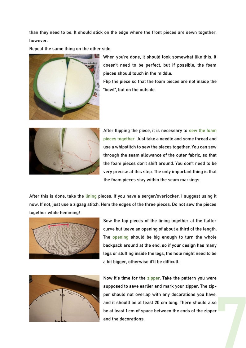 May include: Close-up of a green foam piece with red stitching. The foam piece is being sewn together to create a backpack. The image shows the steps for sewing the foam pieces together.