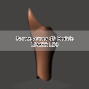 Puede incluir: Un modelo 3D de una pierna inferior del personaje de videojuego Samus Aran. La pierna está hecha de un material metálico marrón y está diseñada para parecer una armadura.