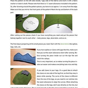 May include: A step-by-step guide on how to sew a backpack. The image shows a close-up of a green felt fabric with a white circle drawn on it. The text "back 1x outer fabric 1x lining" is written inside the circle. The text "top" is written above the circle. The image also shows a close-up of a blue felt fabric with a jagged edge. The text "If you have spikes or claws with jags like this, make sure that you cut the seam allowance short after sewing. Before turning the piece inside out cut the tips flat and notch the valleys." is written below the image.