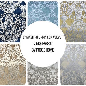 Vince Fabric | Damask Foil Print on Velvet Fabric | Upholstery Fabric