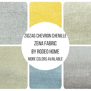May include: Zigzag Chevron Chenille Zena Fabric by Rodeo Home.  More colors available.  The fabric is shown in six colors: gray, yellow, light green, blue, and two shades of gray.
