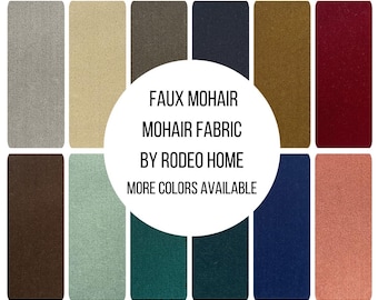May include: A color palette of faux mohair fabric swatches in various shades, including gray, beige, brown, navy, gold, and burgundy. The image includes the text "FAUX MOHAIR MOHAIR FABRIC BY RODEO HOME MORE COLORS AVAILABLE."