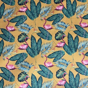 May include: A seamless pattern featuring pink flamingos and tropical green leaves on a mustard yellow background.
