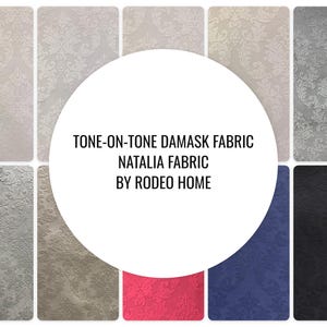 May include: A collection of Natalia tone-on-tone damask fabric swatches by Rodeo Home in various colors including white, gray, beige, blue, pink, and black, featuring intricate floral patterns and a textured finish throughout the set.