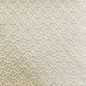 May include: Cream-colored fabric with a repeating pattern of interlocking circles. The design is embossed, creating a textured surface. The fabric has a subtle sheen, giving it a luxurious appearance. This textile is suitable for various craft projects.