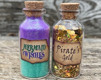 Mermaid Wishes and Pirate's Gold Bottles /Little Mermaid Ariel  / Party Favors / Peter Pan Captain Hook / Gold Bottle / Disney Cruise FE