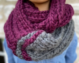 Hand Knit Super Bulky Two Color Fisherman's Rib Infinity Scarf - Customizable
