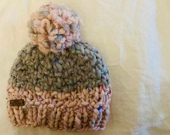 Hand Knit Super Bulky Two Color Seed Stitch Winter Hat with Pom Pom - Customizable