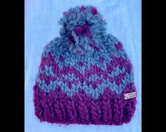 Hand Knit Super Bulky Fair Isle Winter Hat with Pom Pom - Customizable