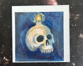 Miniaturowy obraz gwaszowy z niebieską czaszką o wymiarach 3,5” x 3,5”