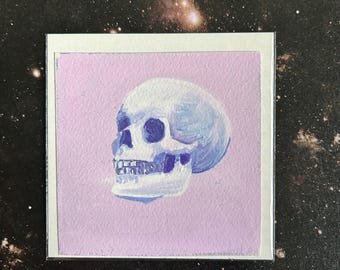 Miniaturowy obraz gwaszowy z różową czaszką o wymiarach 3,5” x 3,5”