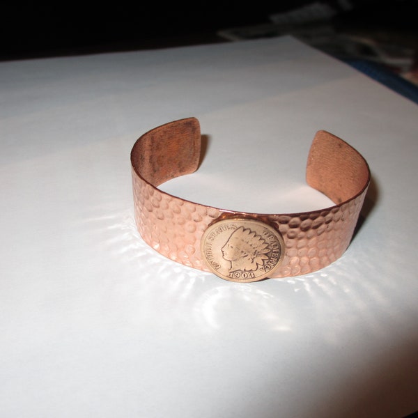 US Mint 1903 Indian Head Penny Ladies' Bracelet handmade by Last Man Talking from 100% pure Hand Hammered Montana Copper, Arthritis relief.