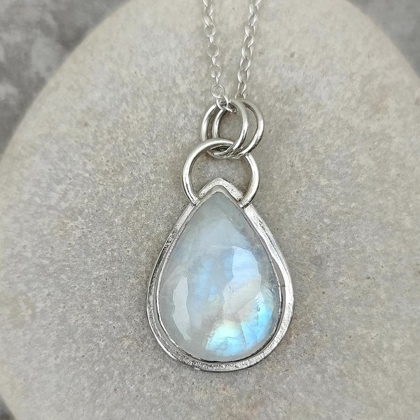 Rainbow Moonstone and Silver Teardrop Pendant