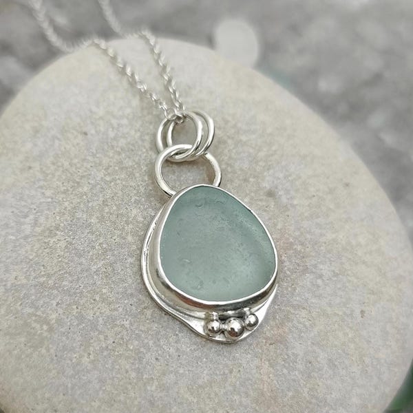 Pale Blue Seaham Sea Glass and Silver Pendant