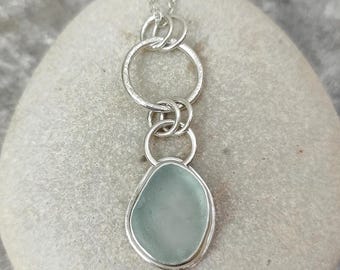 Pale Blue Seaham Sea Glass and Silver Circle Pendant