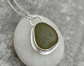 Olive Green Cornish Sea Glass and Silver Pendant