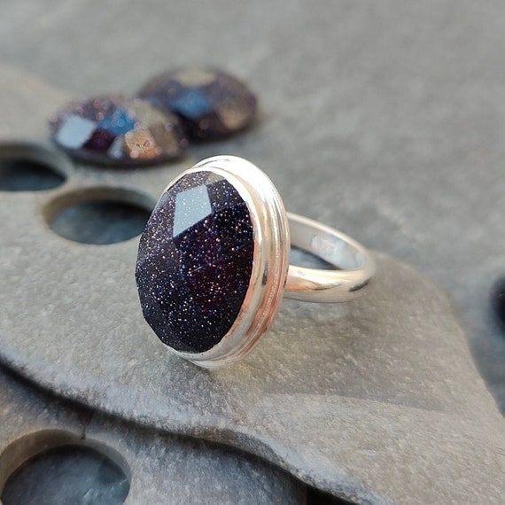 Rose Cut Blue Goldstone Cocktail Ring Size N