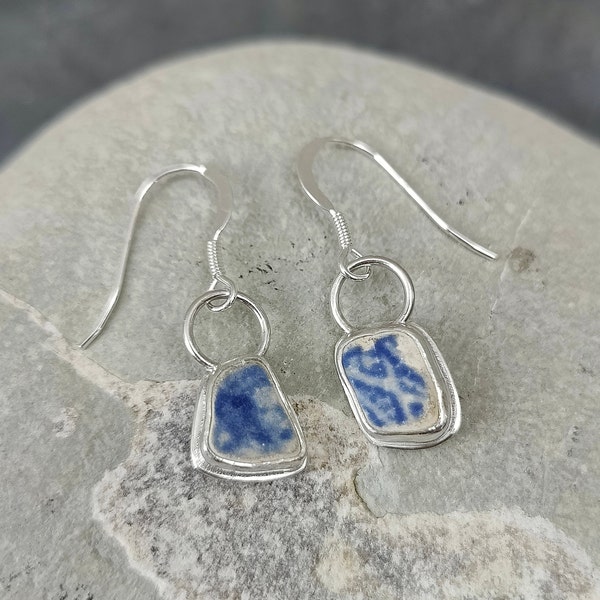 Blue and White Sea Pottery Dangle Earrings