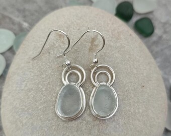 Pale Blue Seaham Sea Glass and Silver Dangle Earrings