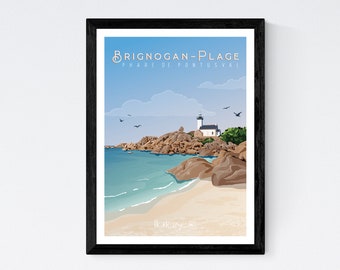 Poster Brignogan-Plage - Pontusval Lighthouse - Brittany - A2 // Illustration - Decoration - Wall art - Hortense