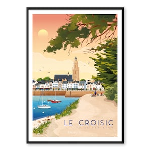 May include: A colourful illustration of a town with a church steeple, boats in the water, and people riding bikes on a sandy beach. The text "LE CROISIC VU DE PEN BRON" is at the bottom of the image.