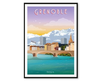 Affiche Grenoble - Capitale des Alpes - Auvergne-Rhône-Alpes - A2 // Illustration - Décoration - Art mural - Hortense