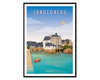 Poster Landerneau - Pont de Rohan - Brittany - A2 // Illustration - Decoration - Wall art - Hortense