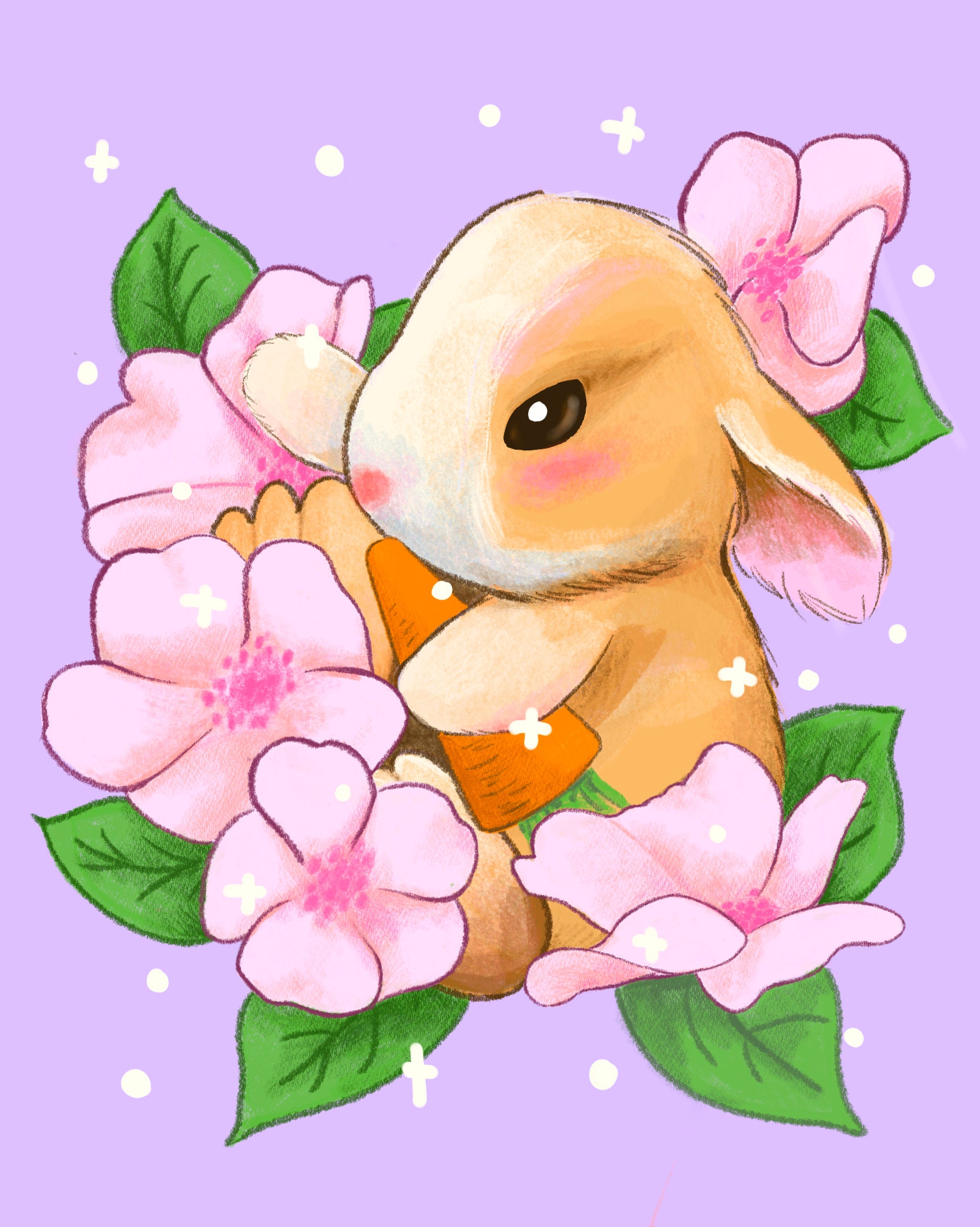 Kawaii Bunny With Flowers Art Print Adorable Rabbit Soft - Etsy ...