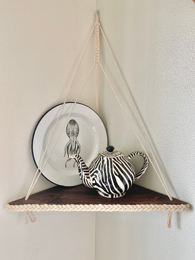 Large Macramé Corner Shelf Varnish Braided Boho Shelf Etsy