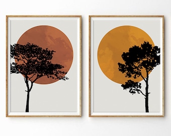 Trees & Sun Prints Set of 2 | Silhouette | Botanical | Mid Century Modern Art | Burnt yellow | Minimalist | Wall art | Contemporary | Safari