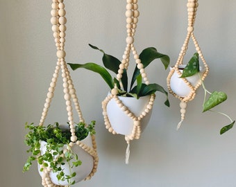 Handmade Wooden Bead Plant Hangers | Boho Hanging Planters (S/M/L)