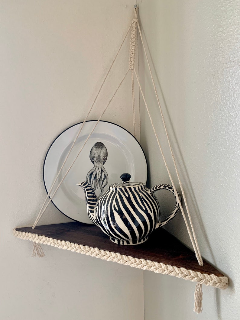 Large Macramé Corner Shelf Varnish Braided Boho Shelf Etsy