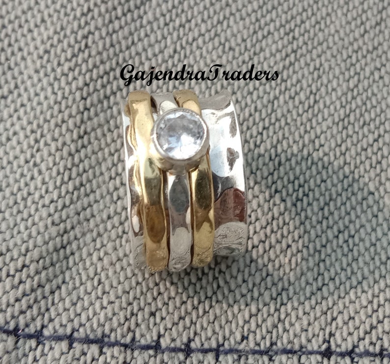 Beautiful Heart Shape White Zircon Three Tone Spinner Ring,Floral Texture Spinning Ring,Fidget Spinner Ring,Zircon Meditation Ring.