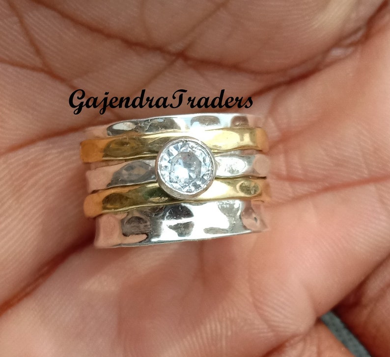 Beautiful Heart Shape White Zircon Three Tone Spinner Ring,Floral Texture Spinning Ring,Fidget Spinner Ring,Zircon Meditation Ring.