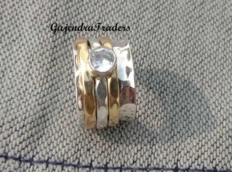 Beautiful Heart Shape White Zircon Three Tone Spinner Ring,Floral Texture Spinning Ring,Fidget Spinner Ring,Zircon Meditation Ring.