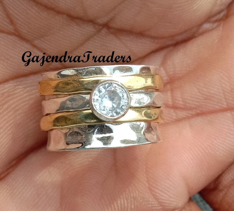 Beautiful Heart Shape White Zircon Three Tone Spinner Ring,Floral Texture Spinning Ring,Fidget Spinner Ring,Zircon Meditation Ring.
