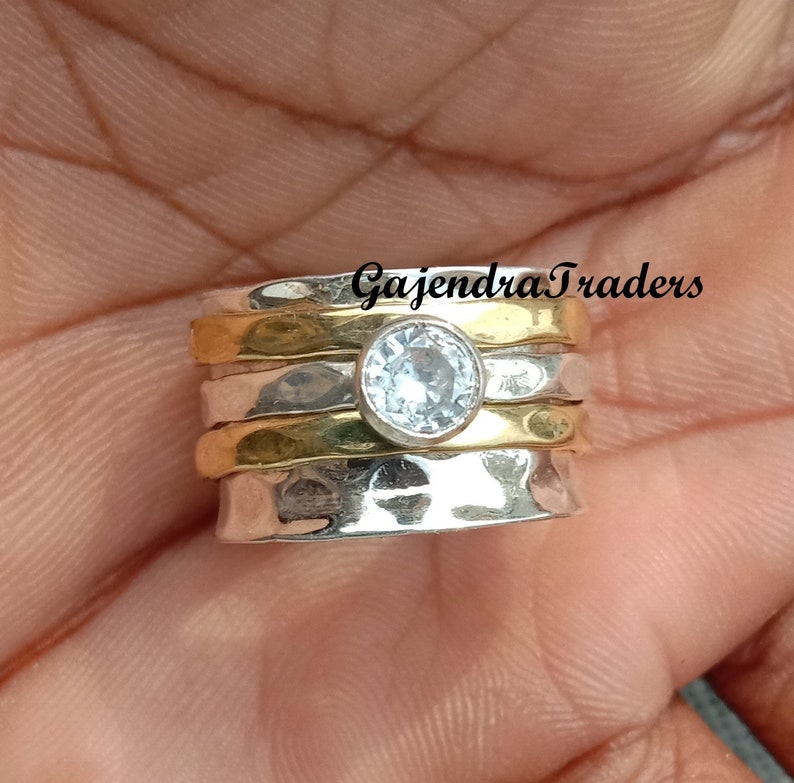 Beautiful Heart Shape White Zircon Three Tone Spinner Ring,Floral Texture Spinning Ring,Fidget Spinner Ring,Zircon Meditation Ring.