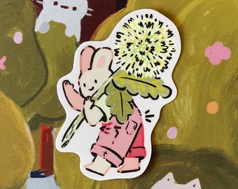 Spring Bunny holding a Dandelion Weatherproof Vinyl Sticker Decal