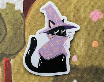 Pegatina de gato mago / Sombrero de gato lindo / Pegatina resistente a la intemperie / Pegatina de vinilo / Mate / Serie de pegatinas de arte de gato / Pegatina de Wizgato