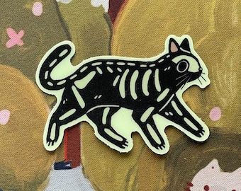 Pegatina de gato Skelligato / Brilla en la oscuridad / Gato adorable / Pegatina resistente a la intemperie / Pegatina de vinilo / Mate / Serie de pegatinas de arte de gatos /