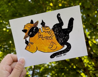 Raincoats Are For Cool Cats | Black Cat Illustration | Mini Art Print | Office Decor Art
