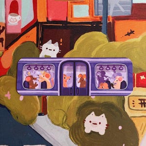 May include: A purple sticker featuring a cartoon train with passengers. The train has two doors and windows showing various animals. A white cat sticker is in the foreground. The background has a colorful cityscape.